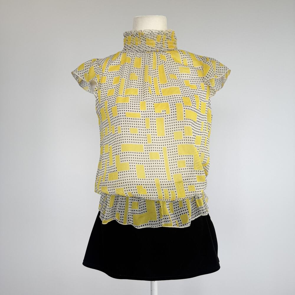 Charlotte Russe Blouse Womens M Yellow Geometric Ruffle High Neck Sheer Top